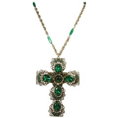 Vintage Massive Runway Ornate Green Maltese Cross Pendant Necklace