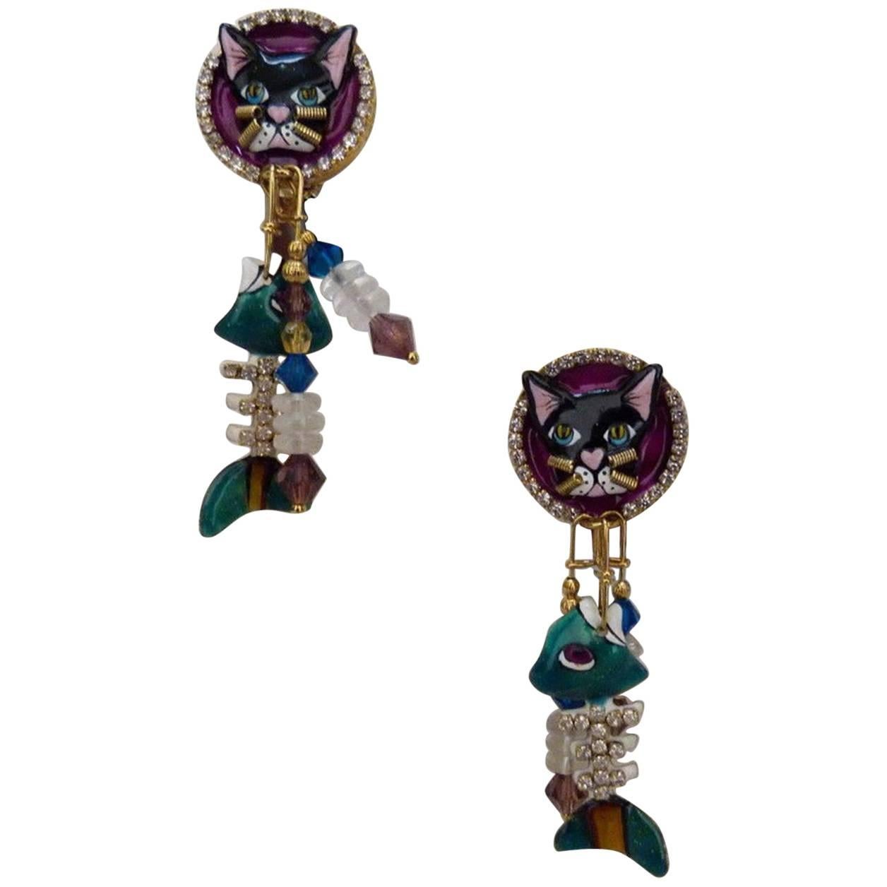 Lunch at the Ritz Cajun Catfish Enamel Crystal Earrings on Menu Card USA  For Sale