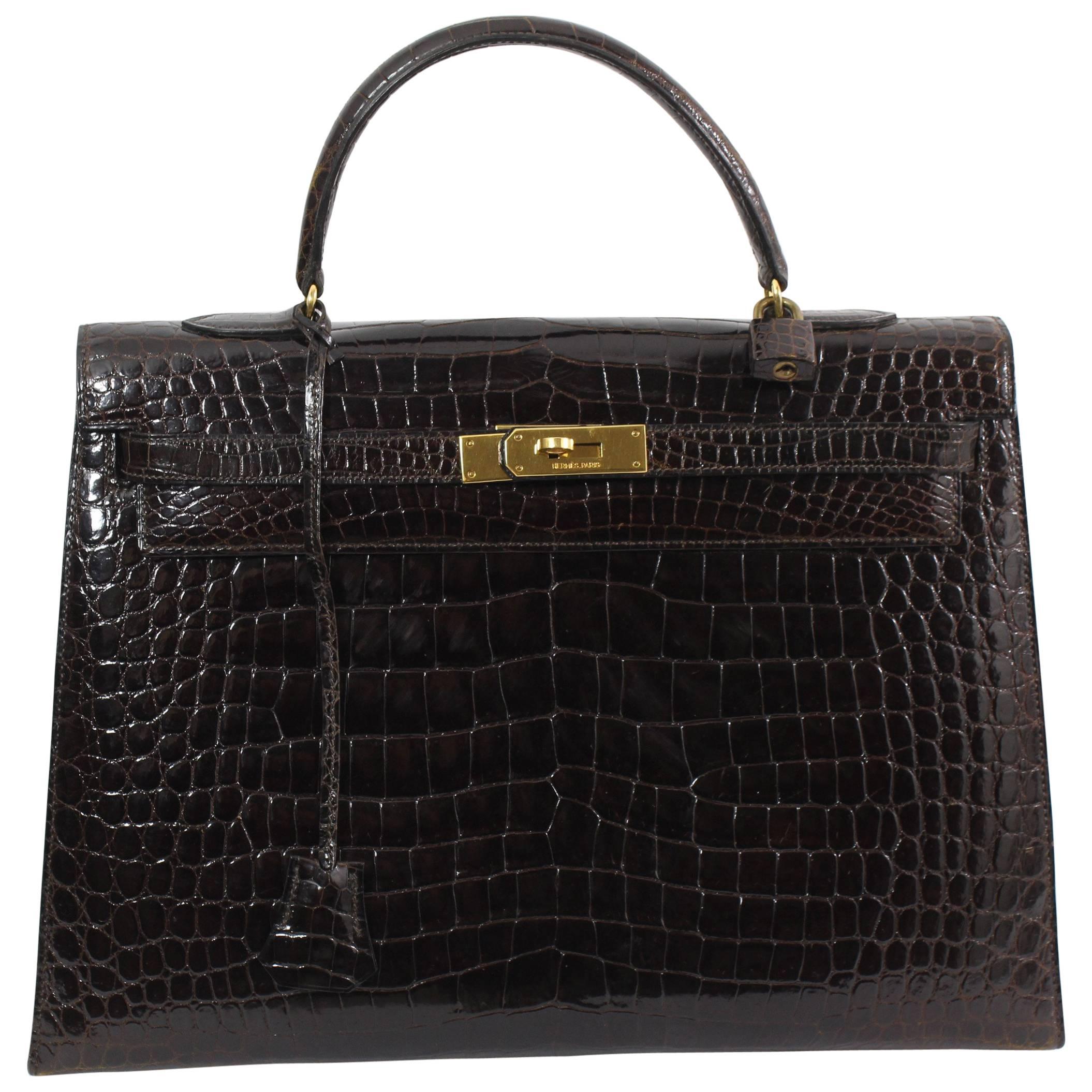 Hermes Vintage Brown Kelly Croco 35. Excellent Condition