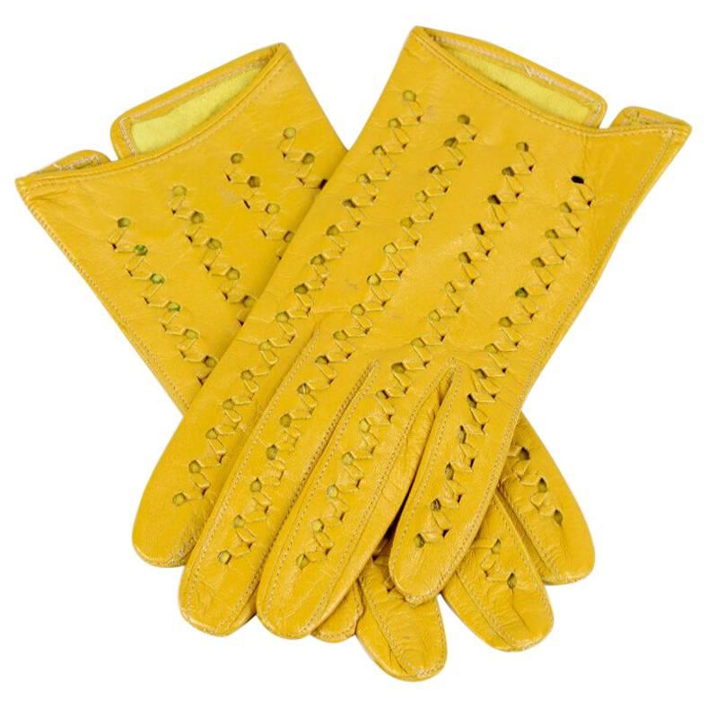 Yellow Punched & Woven Vintage Smooth Leather Gloves