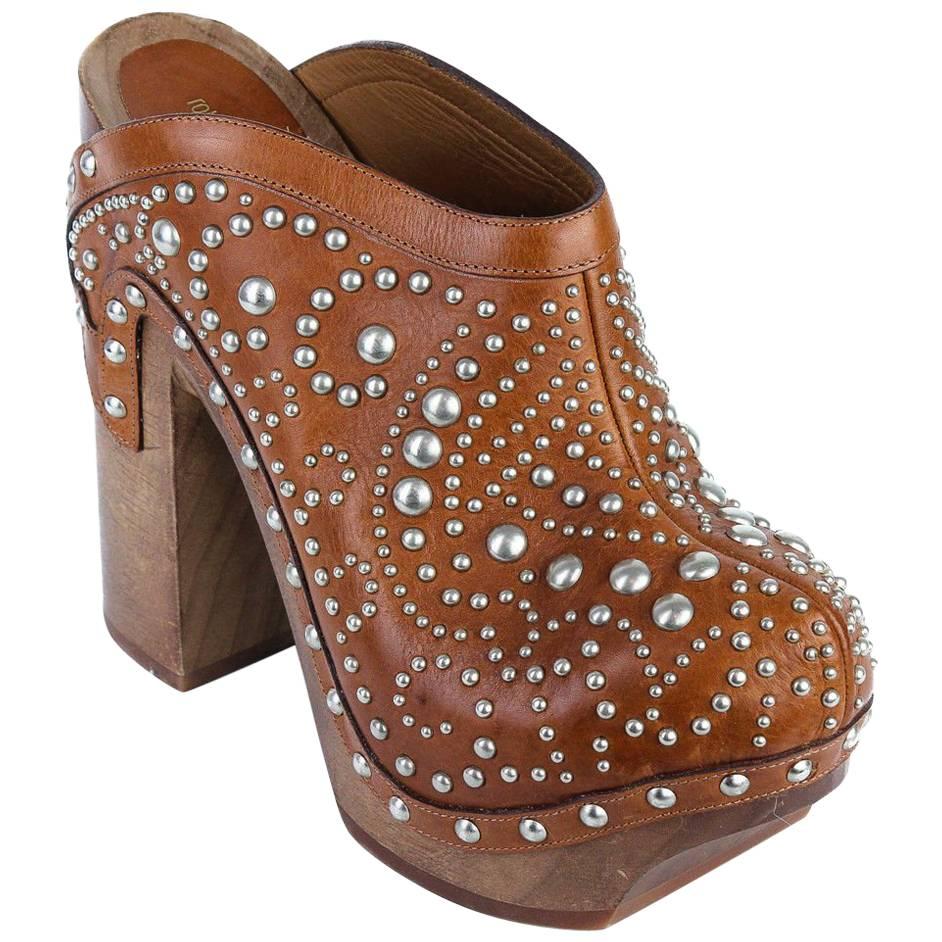 Roberto Cavalli Brown Silver Studded Leather Mule Heels For Sale