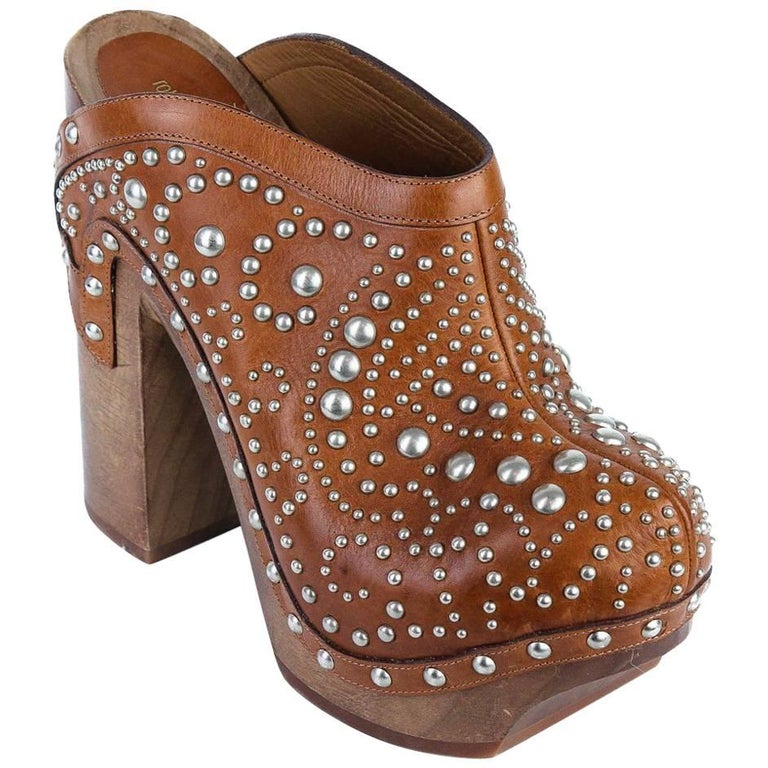 Roberto Cavalli Brown Silver Studded Leather Mule Heels For Sale at