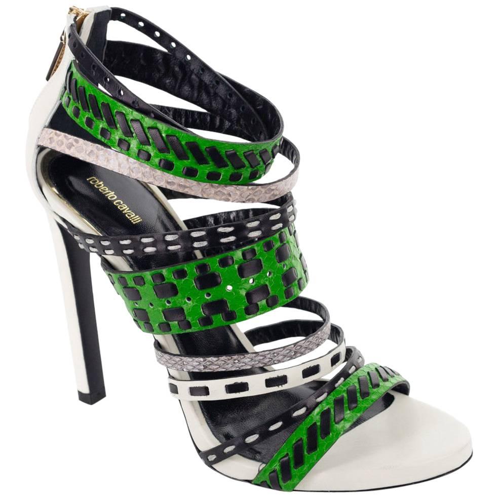 Roberto Cavalli Womens Colorblock Tribal Stitched Sandal Heels For Sale