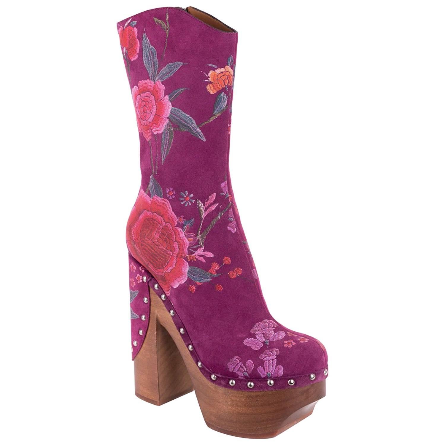 Roberto Cavalli Women's Lavender Purple Floral Clogs Ankle Boots For Sale