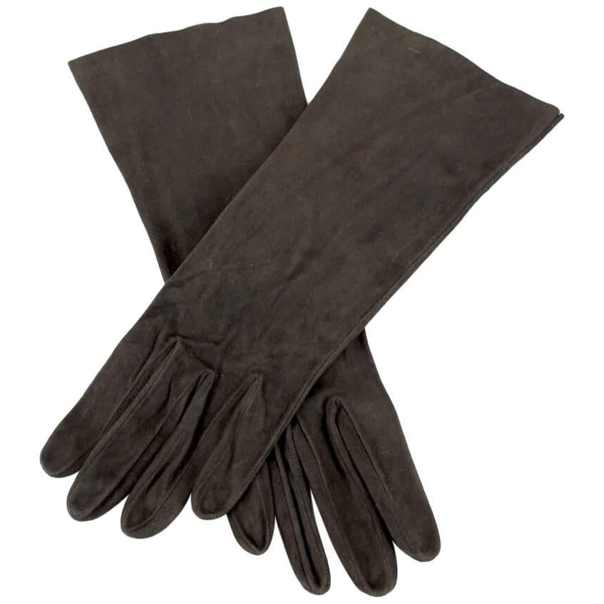 Dark Chocolate Brown Mid-Length Suede Gloves, 1960s 