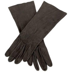 Vintage Dark Chocolate Brown Mid-Length Suede Gloves, 1960s 