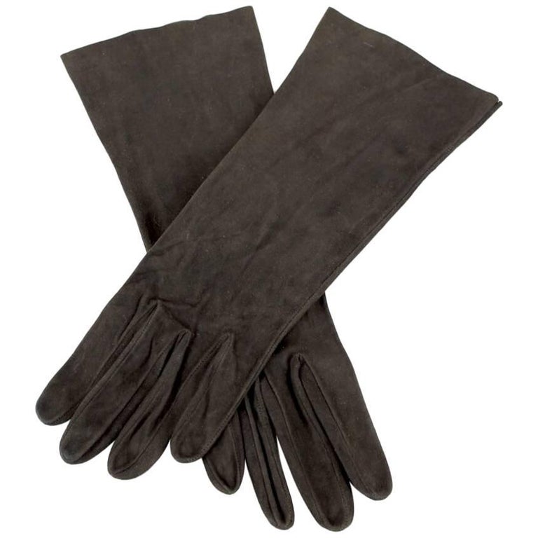 Dark Chocolate Brown MidLength Suede Gloves, 1960s at 1stDibs