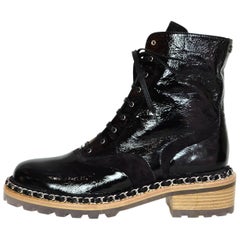 Chanel Black Patent & Chain Trim Boots Sz 38.5