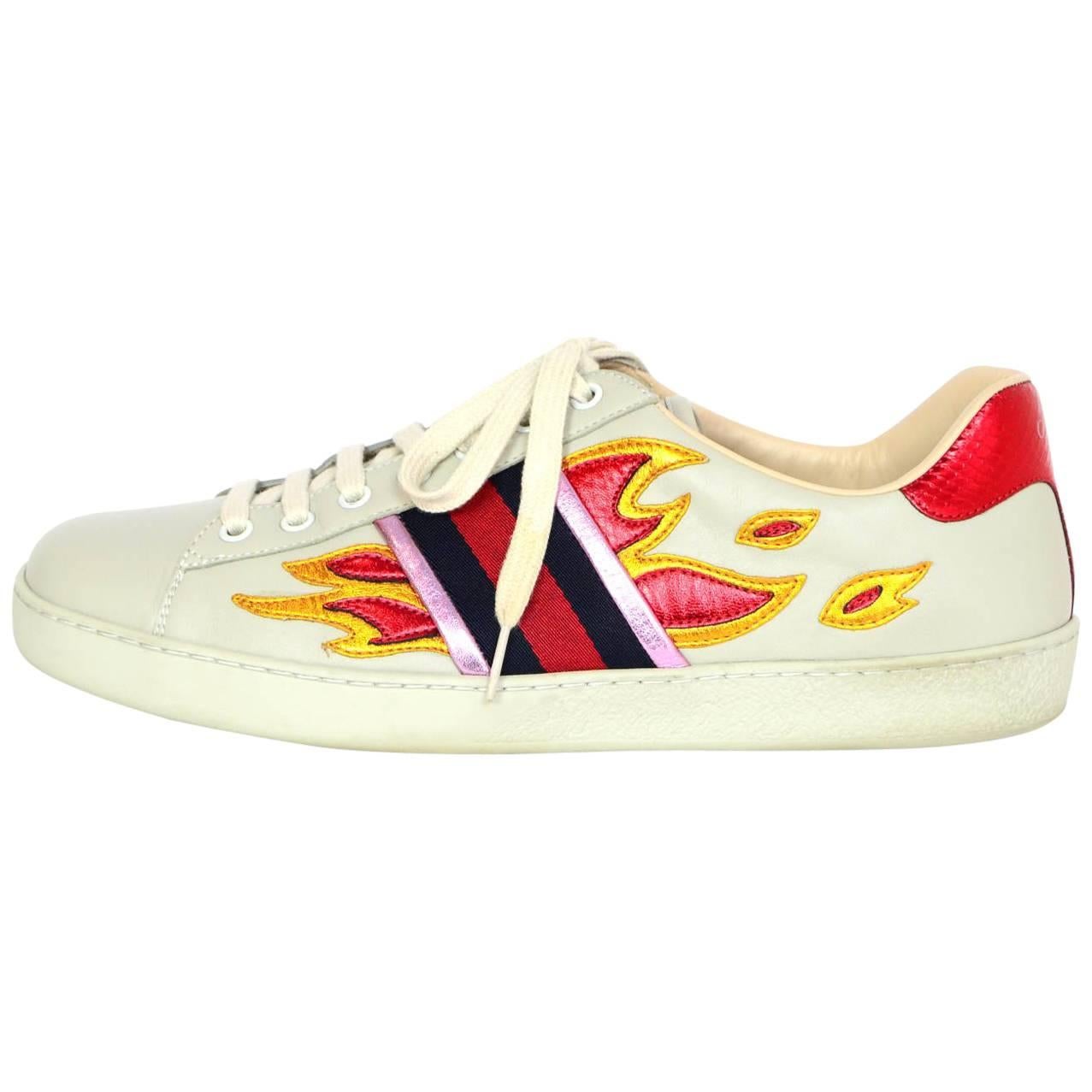 Gucci Men's Ace Off White Leather Flame Sneakers Sz 10 with DB