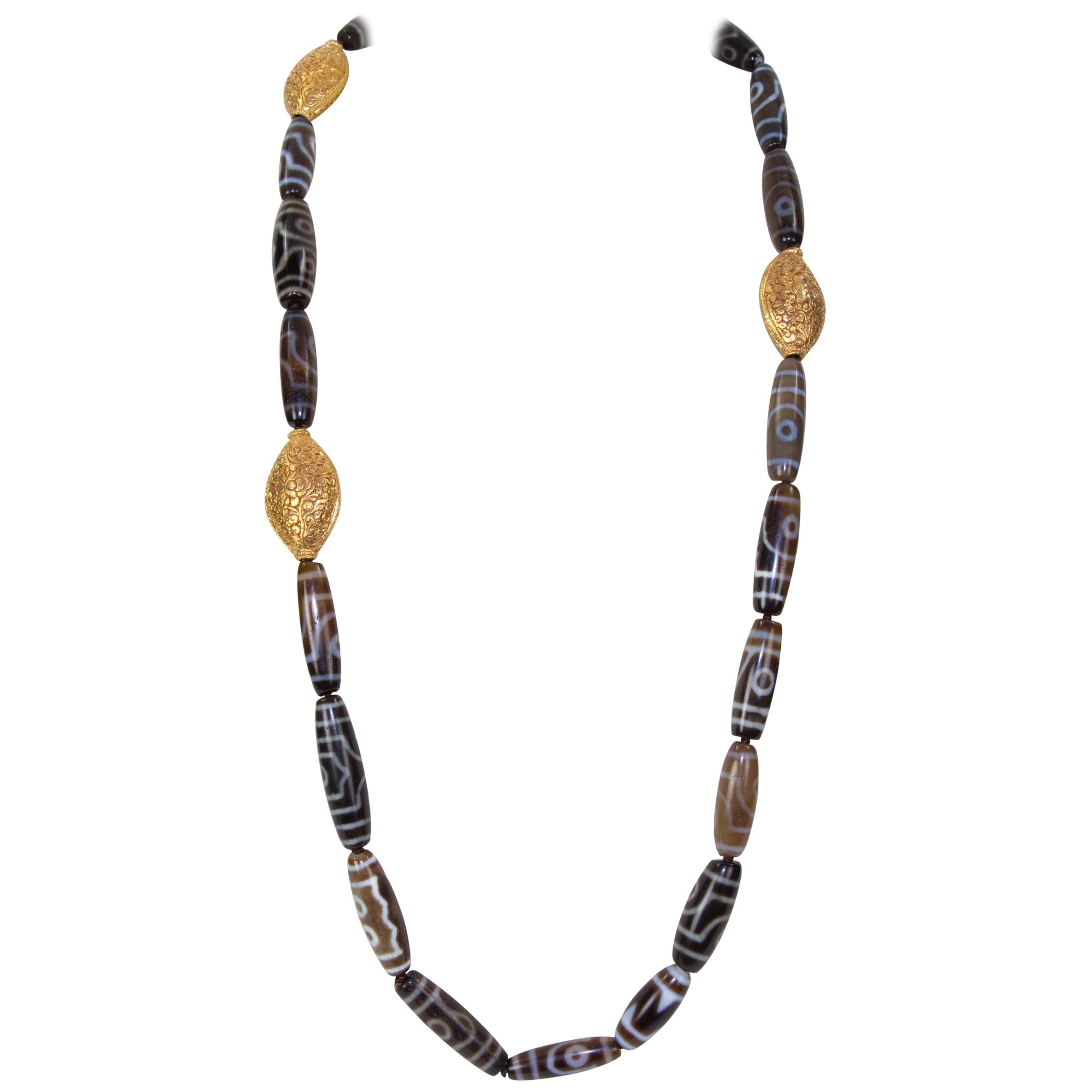 Old Tibet Dzi Agate Beads and Gilt Silver Statement Necklace
