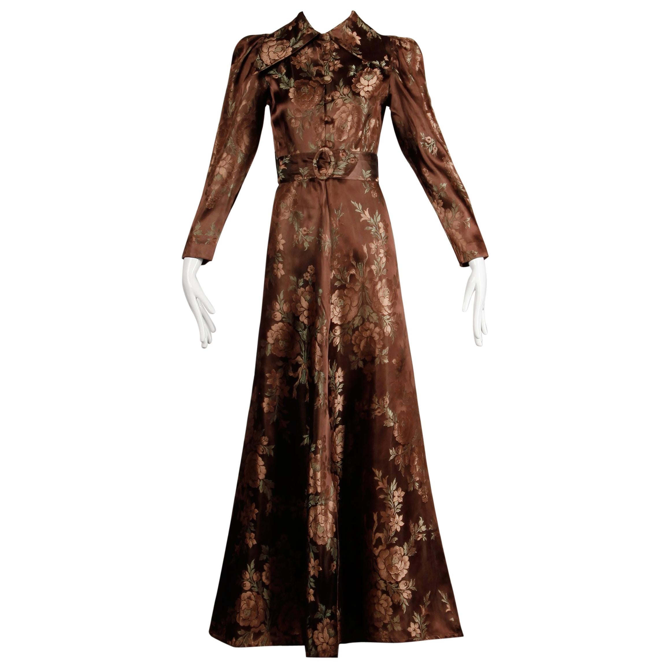 1940s Vintage Copper Brown Floral Jacquard House Dress or Robe Duster Coat/ Belt