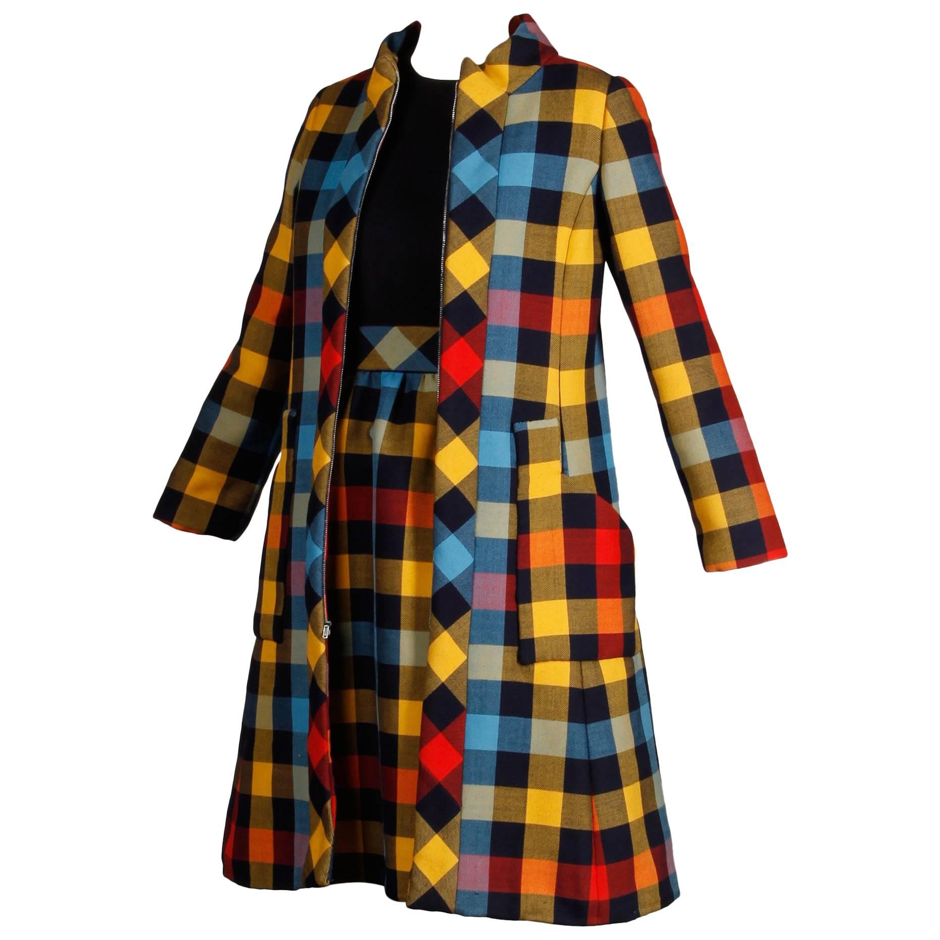 Oscar de la Renta Plaid Wool Mod Coat and Dress Ensemble, 1960s  