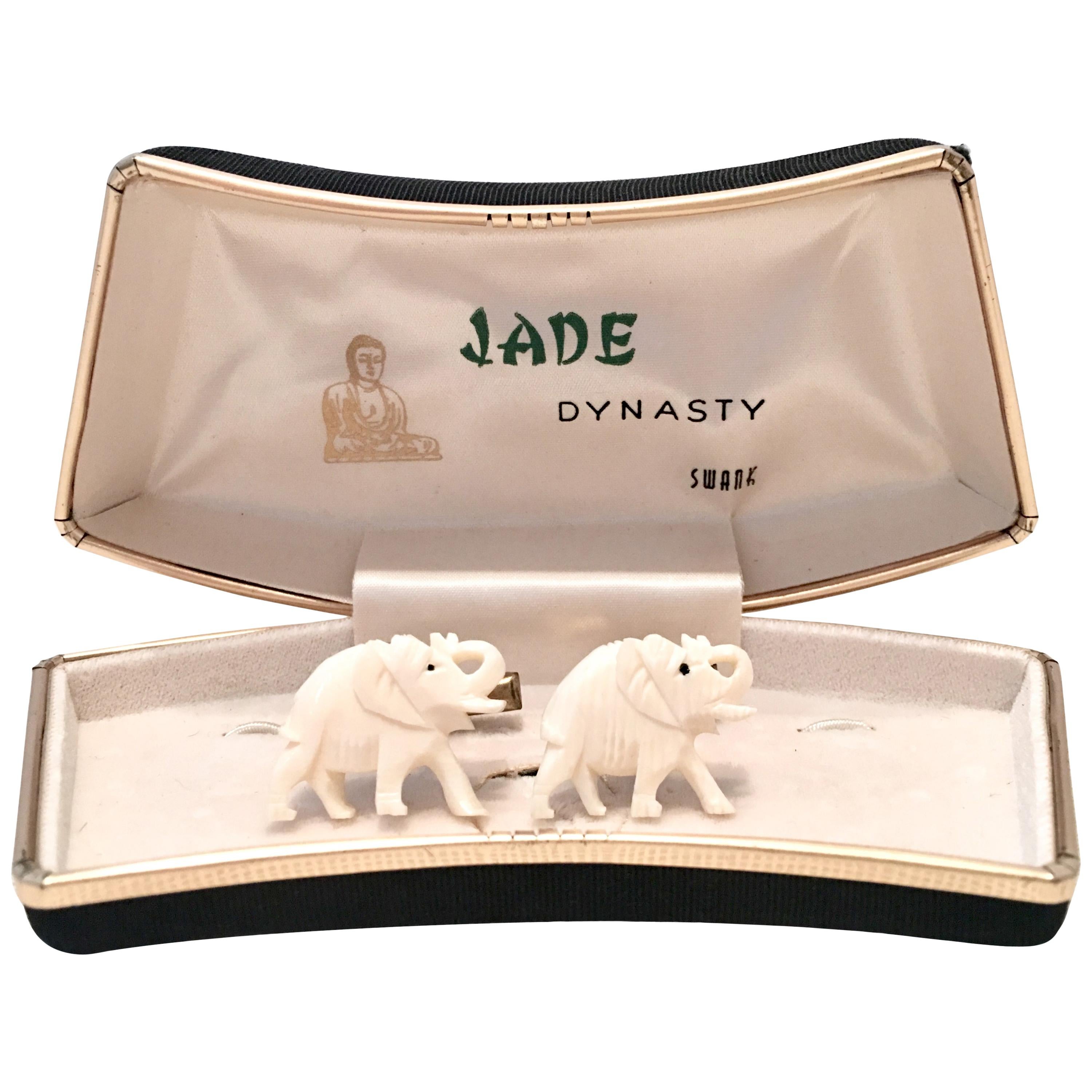 Mid-20th Century Carved Bone & Jade Good Luck Elephant Cuff Links By, Swank