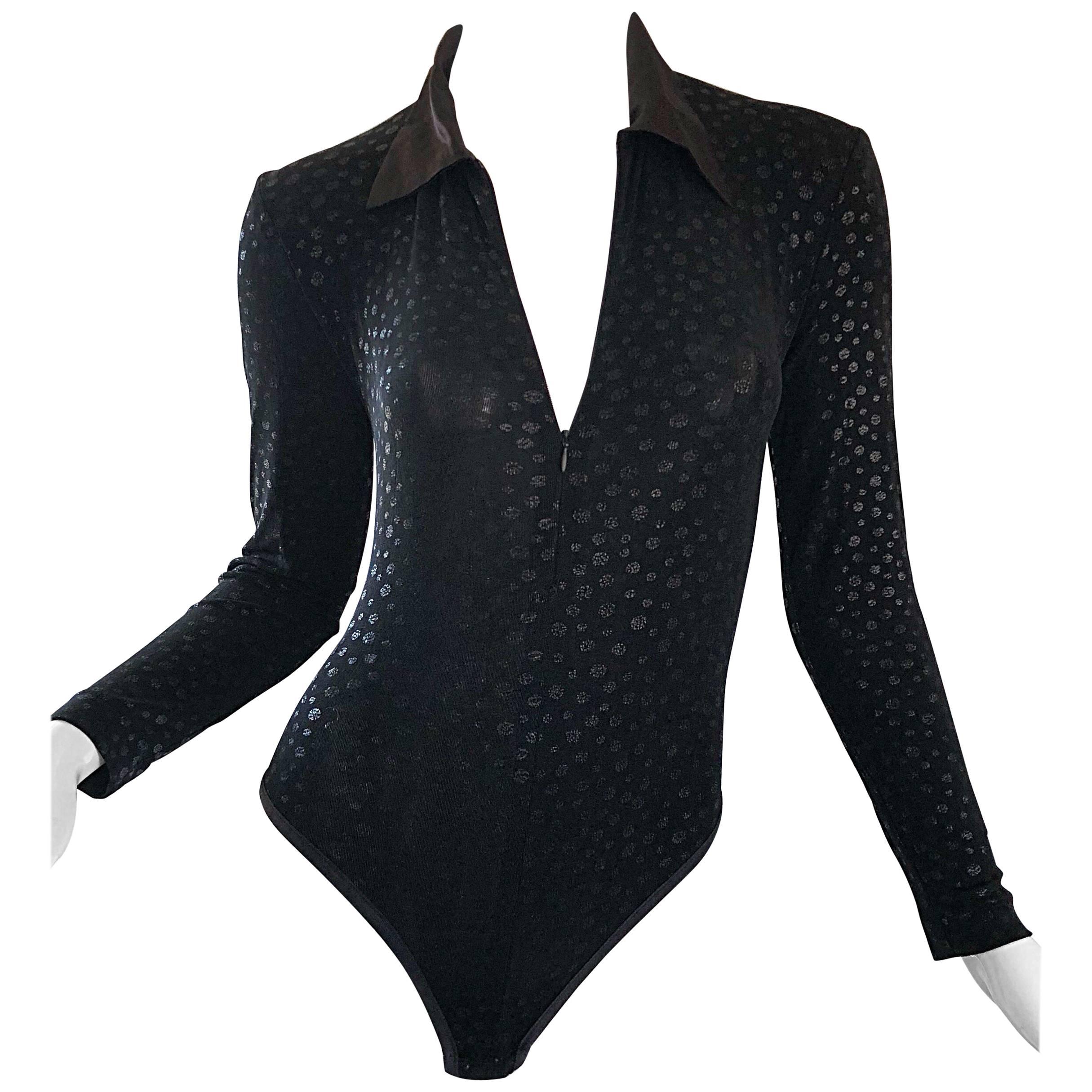 1990s My Maille French Black Iridescent One Piece Long Sleeve Vintage Bodysuit