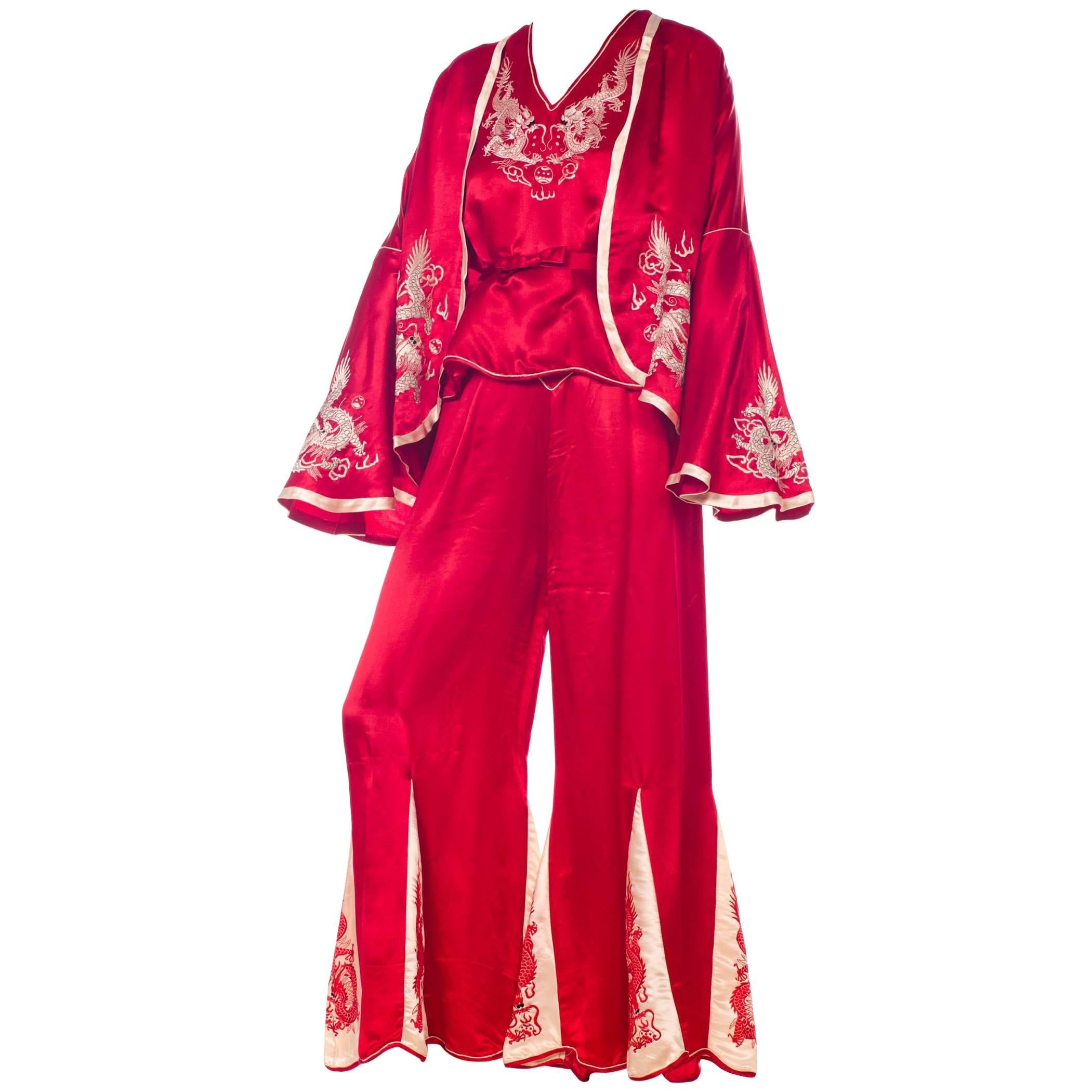 1920s Asian Red Silk Dragon Embroidered Beach Pajamas Set Top, Pants And Jacket