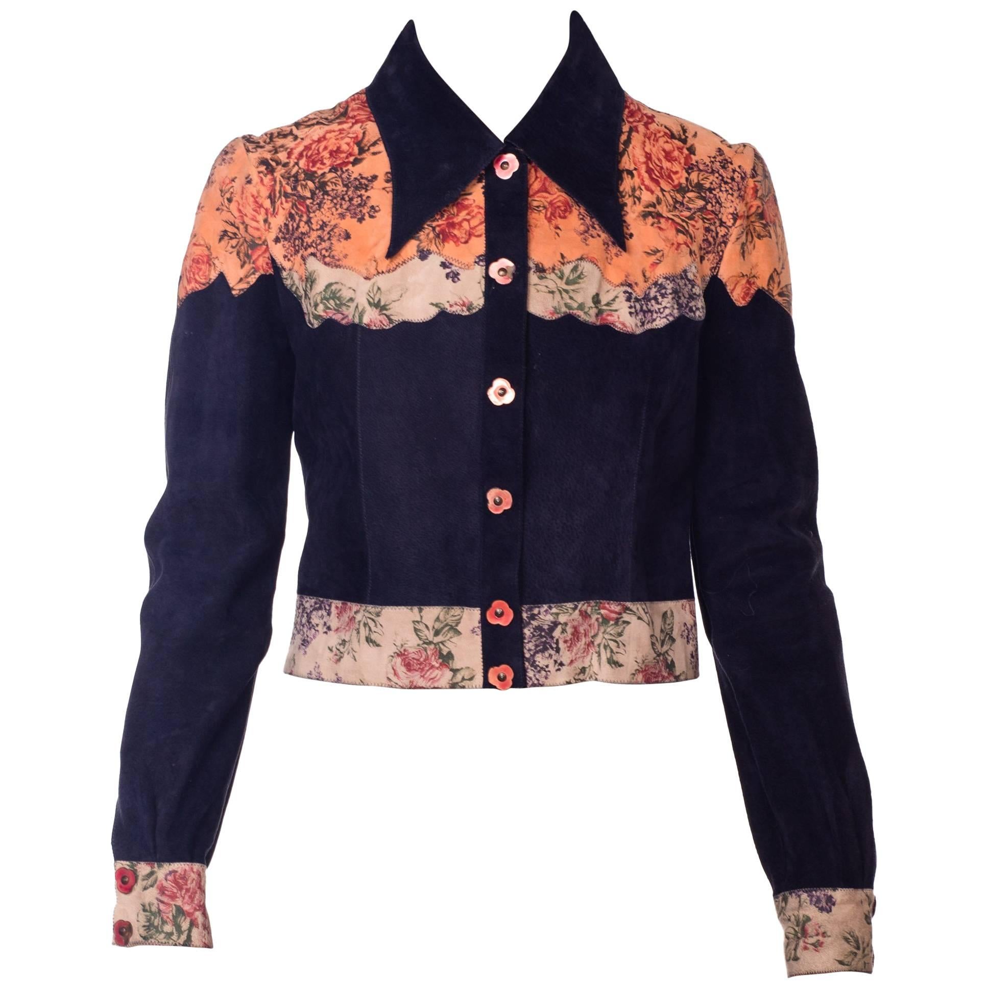1970s Roberto Cavali Floral Printed Navy Suede Shirt Jacket