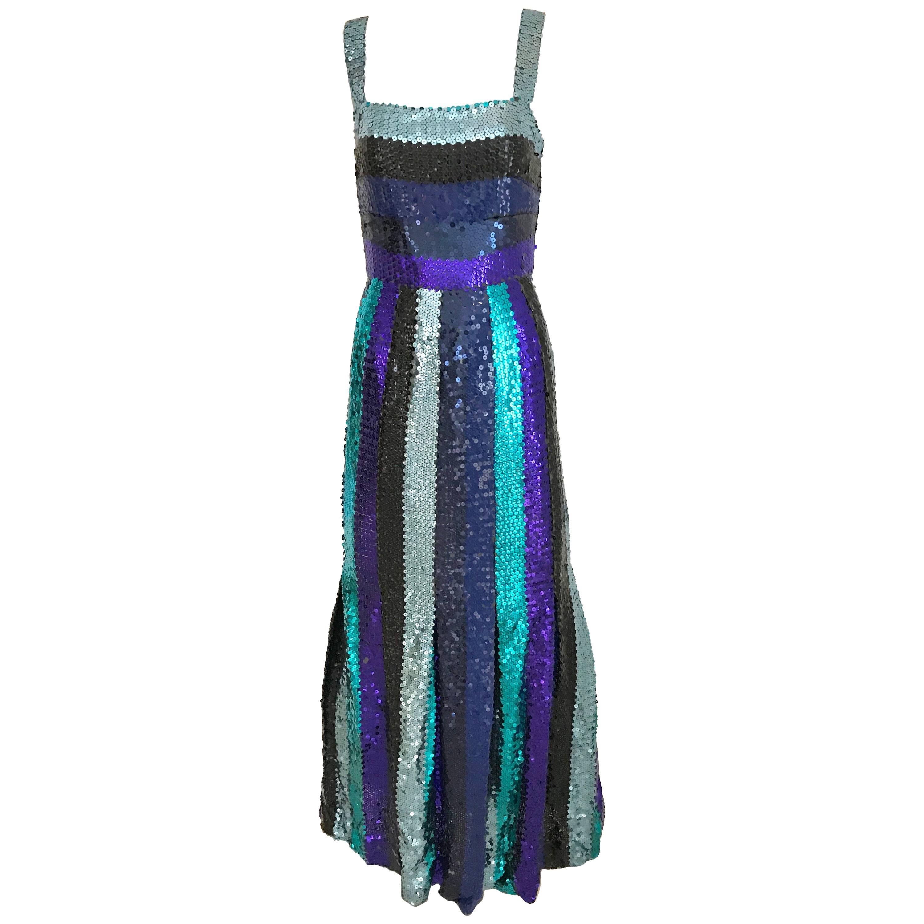 Givenchy Spaghetti Strap Blue Sequins Cocktail Dress, 1960s 