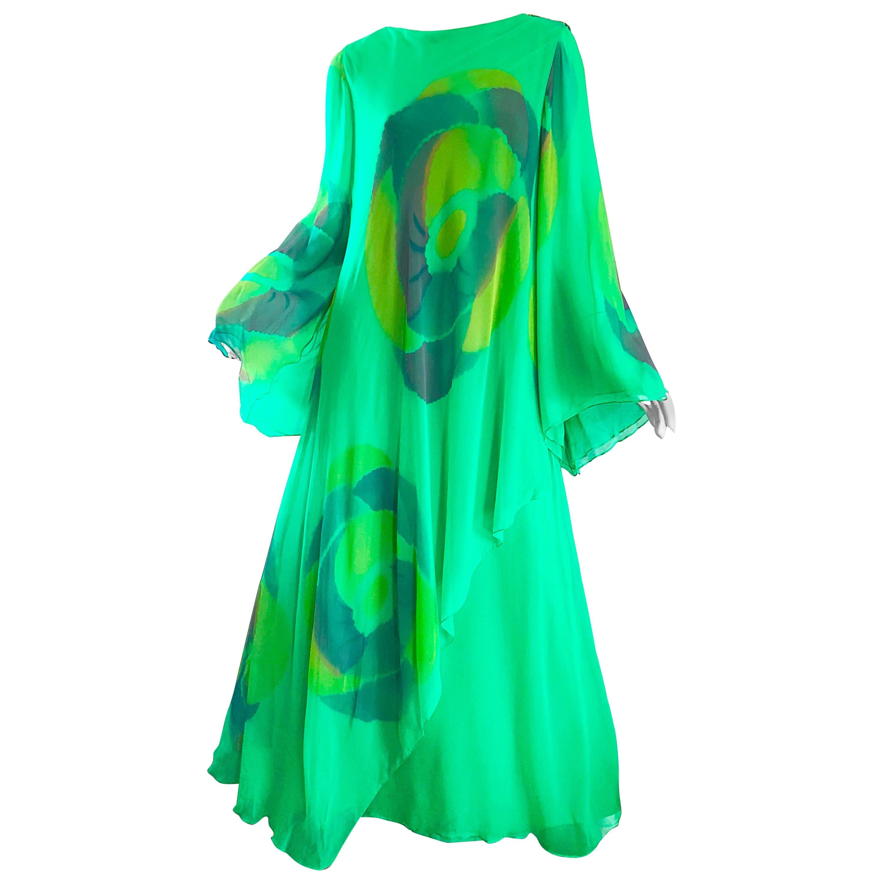 Vintage Travillia Couture 1970s Hand Painted Kelly Green Silk Chiffon 70s Gown