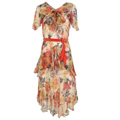 1920s Floral Print Silk Chiffon Summer Day Dress