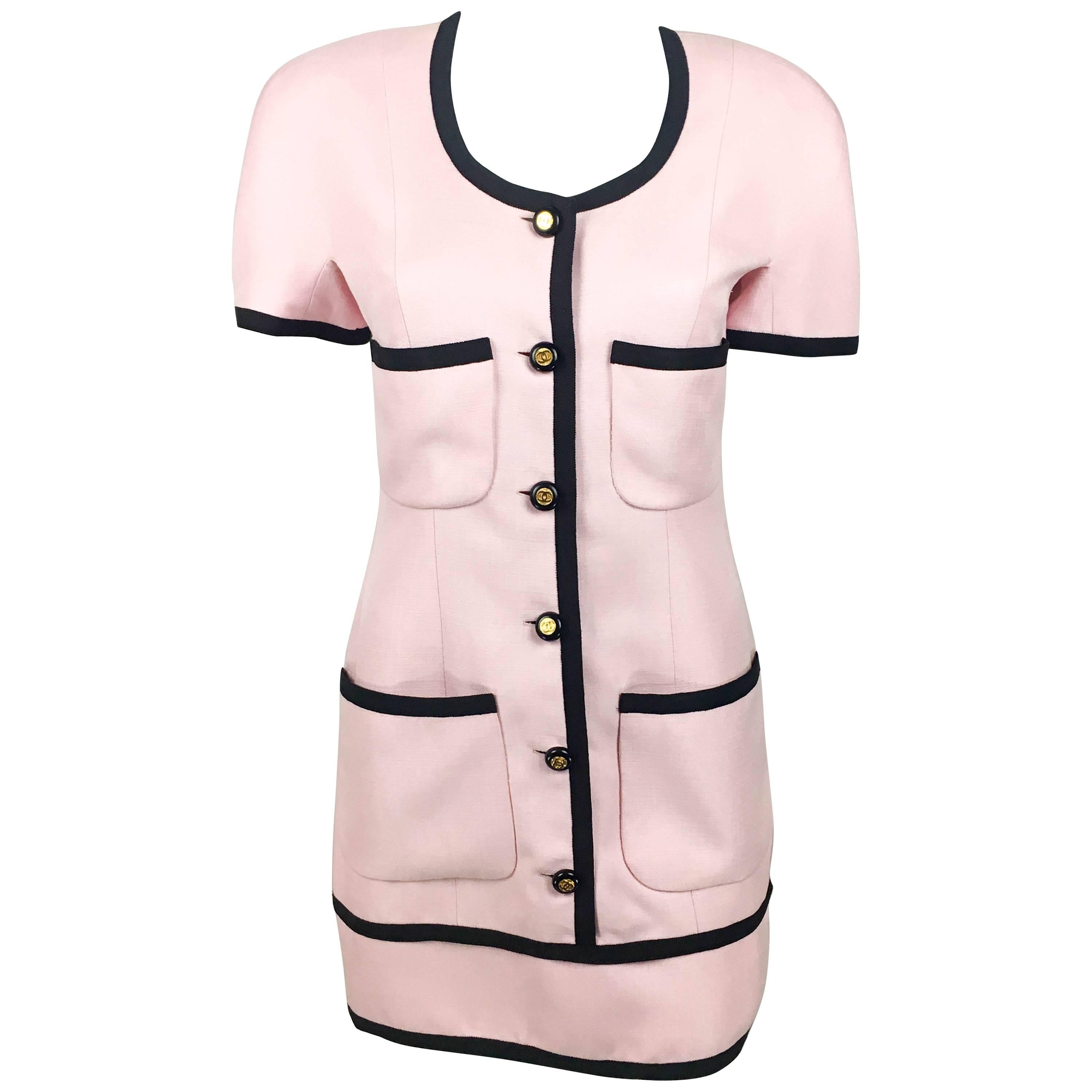 Chanel Pink Short Dress With Logo Buttons, 1991  For Sale