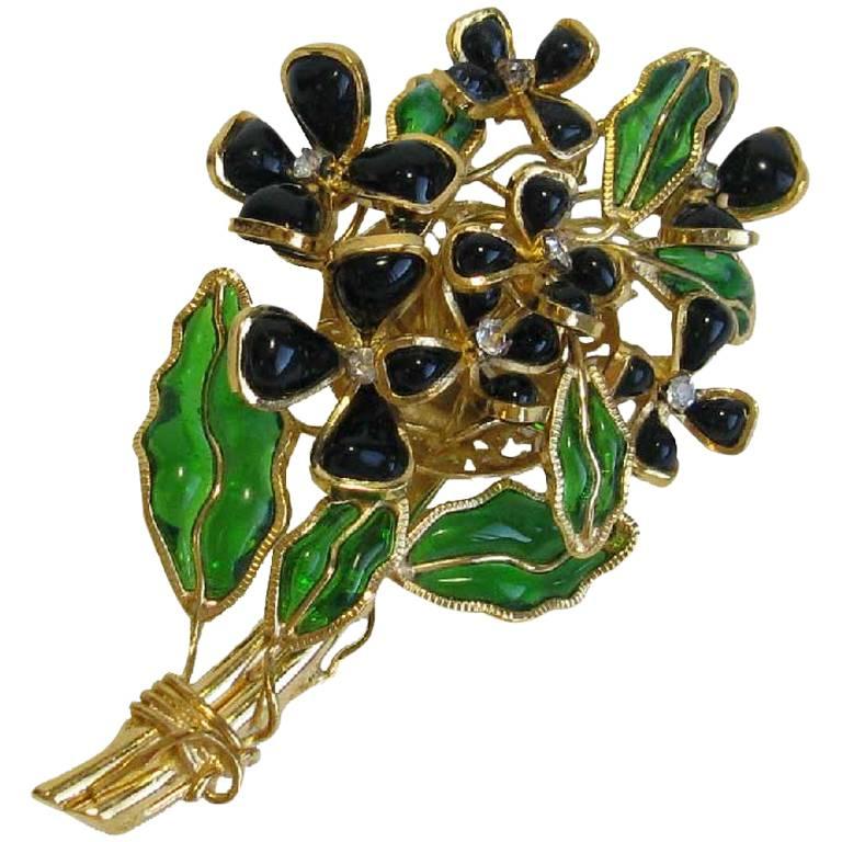 MARGUERITE DE VALOIS Bouquet of Flowers Brooch in Gilt Metal and Molten Glass For Sale