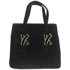 MINT. Vintage Paloma Picasso black velvet tote bag with golden logo motifs.