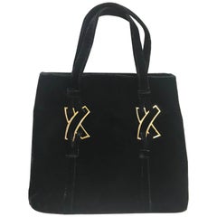 MINT. Vintage Paloma Picasso black velvet tote bag with golden logo motifs. 