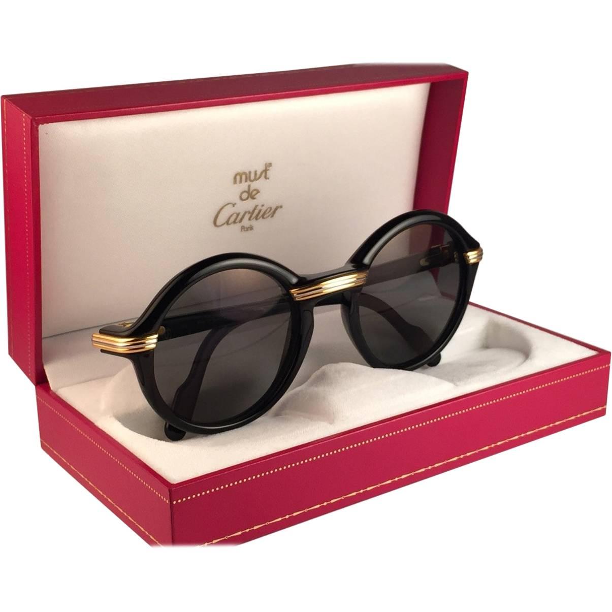 Cartier Cabriolet Round Black and Gold 52MM Gold Sunglasses, France 1990s