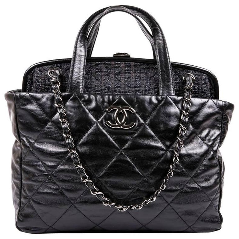 Chanel Bag In Aged Quilted Black Leather And Dark Gray Tweed Chanel Bag In Aged Quilted Black Leather And Dark Gray Tweed