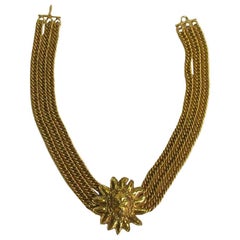 Vintage CHANEL Choker Necklace with 3 Chains and a Lion Head in Gilt Metal