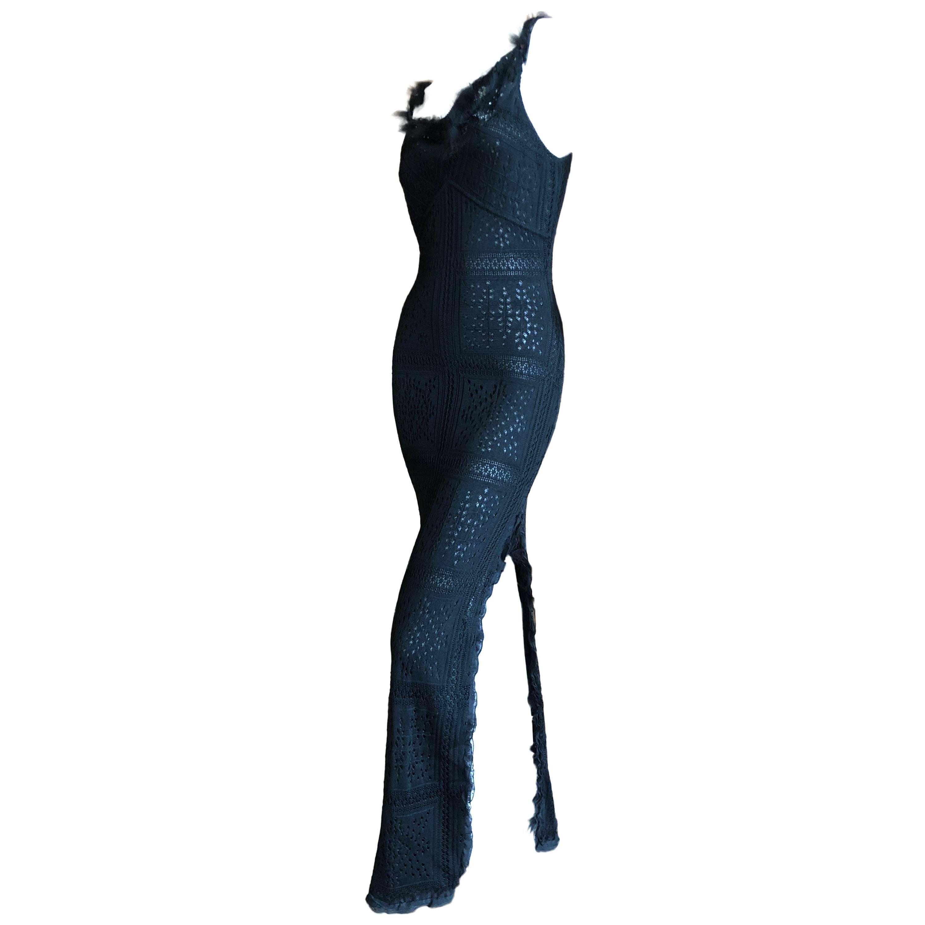 John Galliano Label Sheer Black Knit High Slit Feather Trim Dress, Early 1990s For Sale