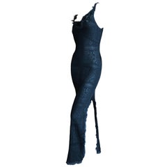 John Galliano Label Sheer Black Knit High Slit Feather Trim Dress, Early 1990s