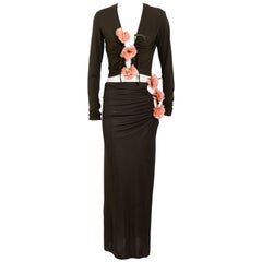 Jean paul Gaultier Vintage silk jersey brown top and skirt set, 1990s 