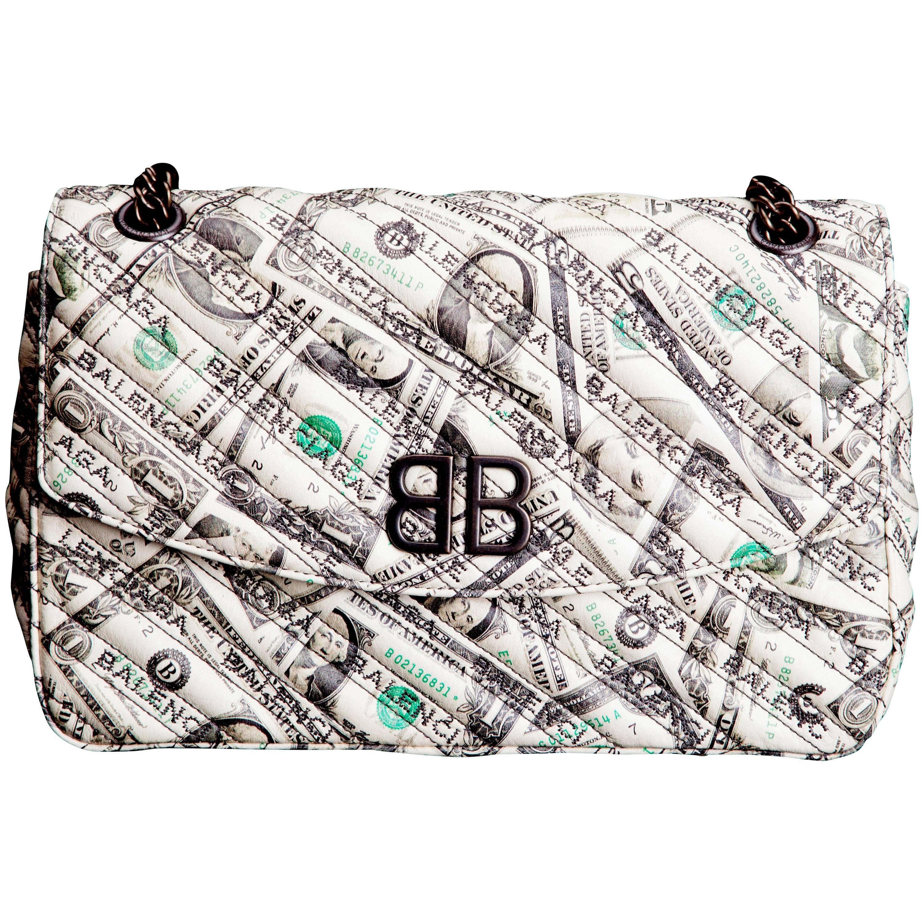 Balenciaga BB Round Medium Dollar Print Leather Chain Shoulder Bag 