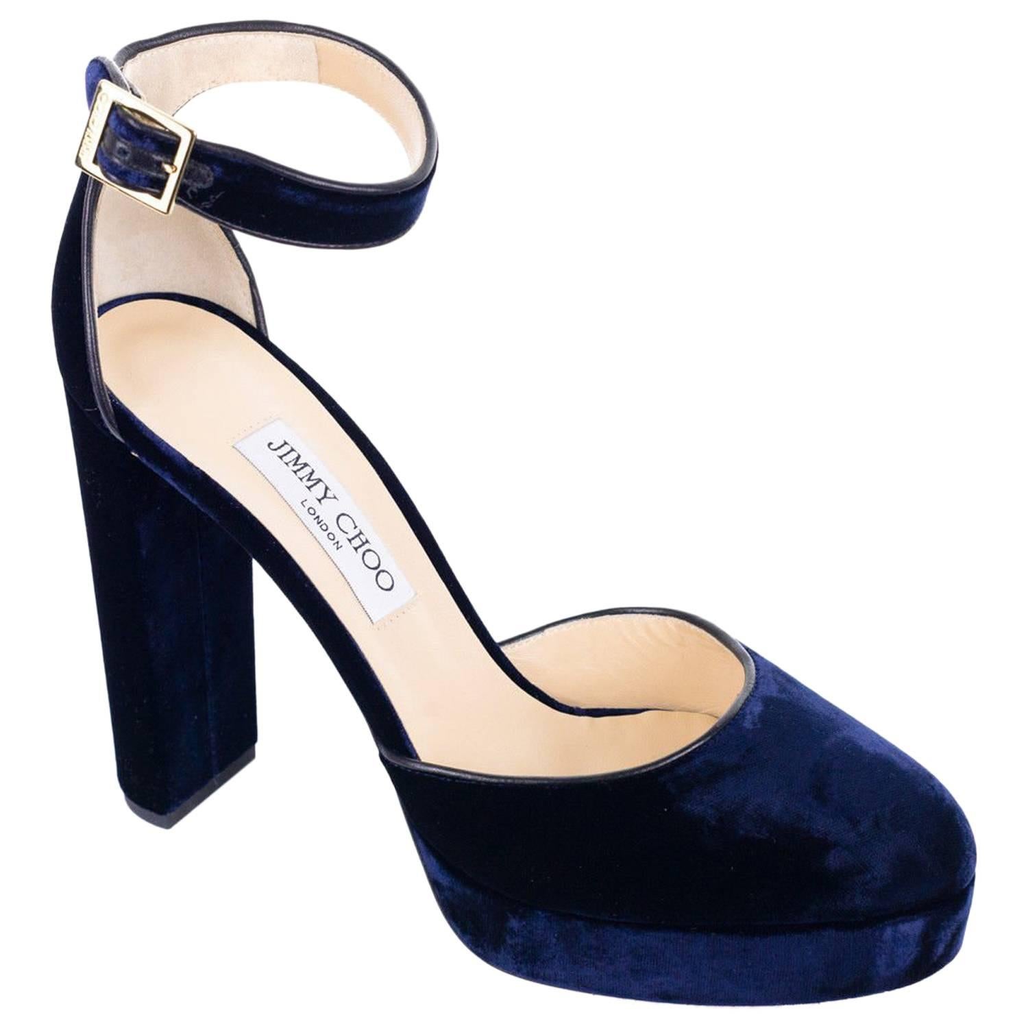 Jimmy Choo Navy Velvet Daphne 120 Platform Sandals For Sale