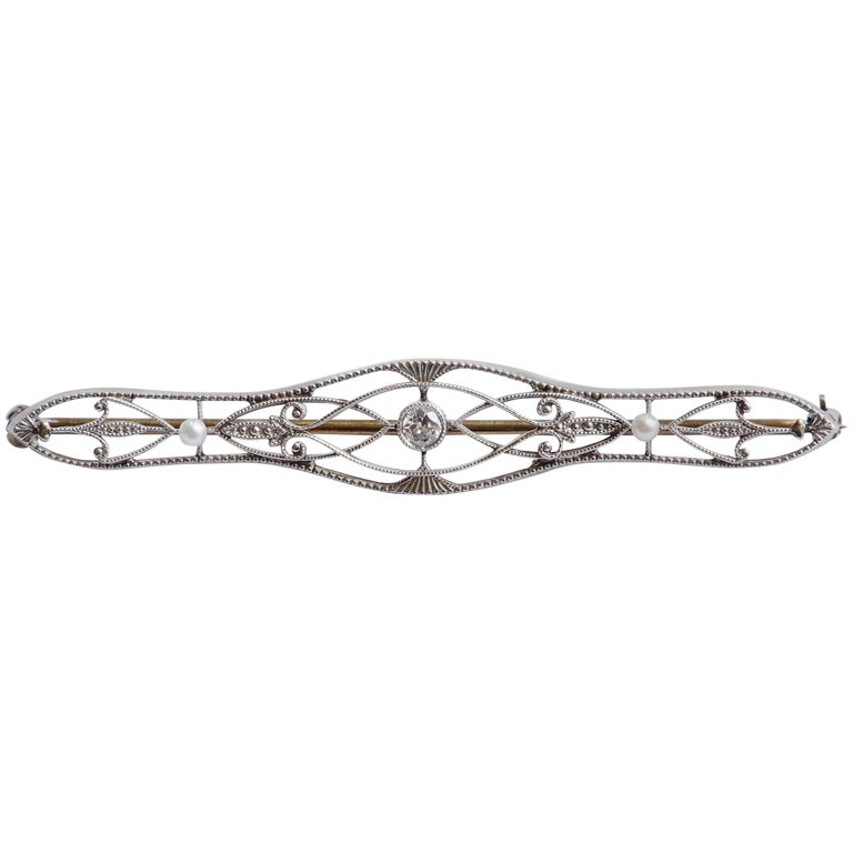 Art Deco Platinum 14K Gold Diamond and Cultured Pearl Brooch at 1stDibs