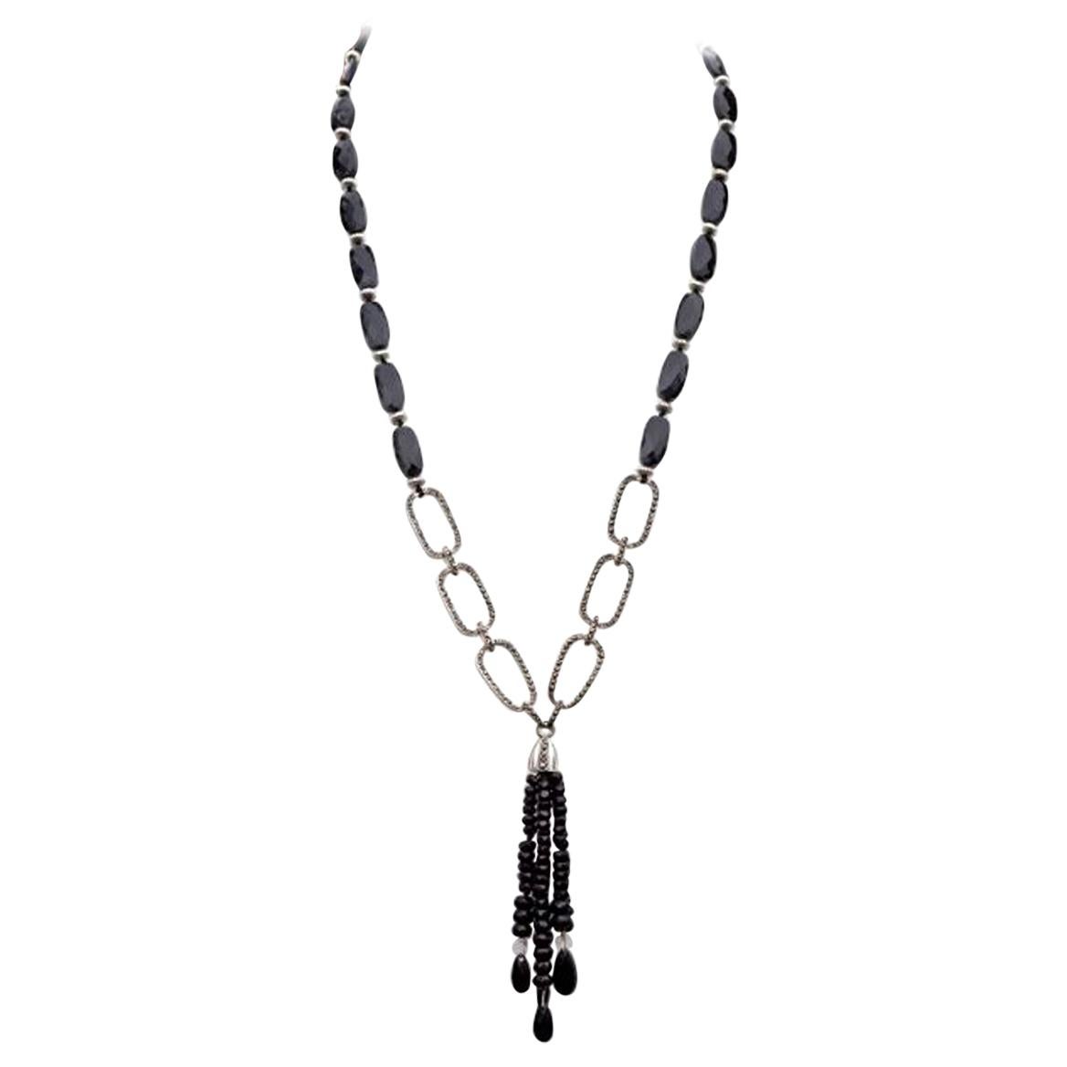 Monet Vintage Silver Tone Black Glass and Marcasite Tassel Necklace For Sale