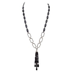 Monet Vintage Silver Tone Black Glass and Marcasite Tassel Necklace