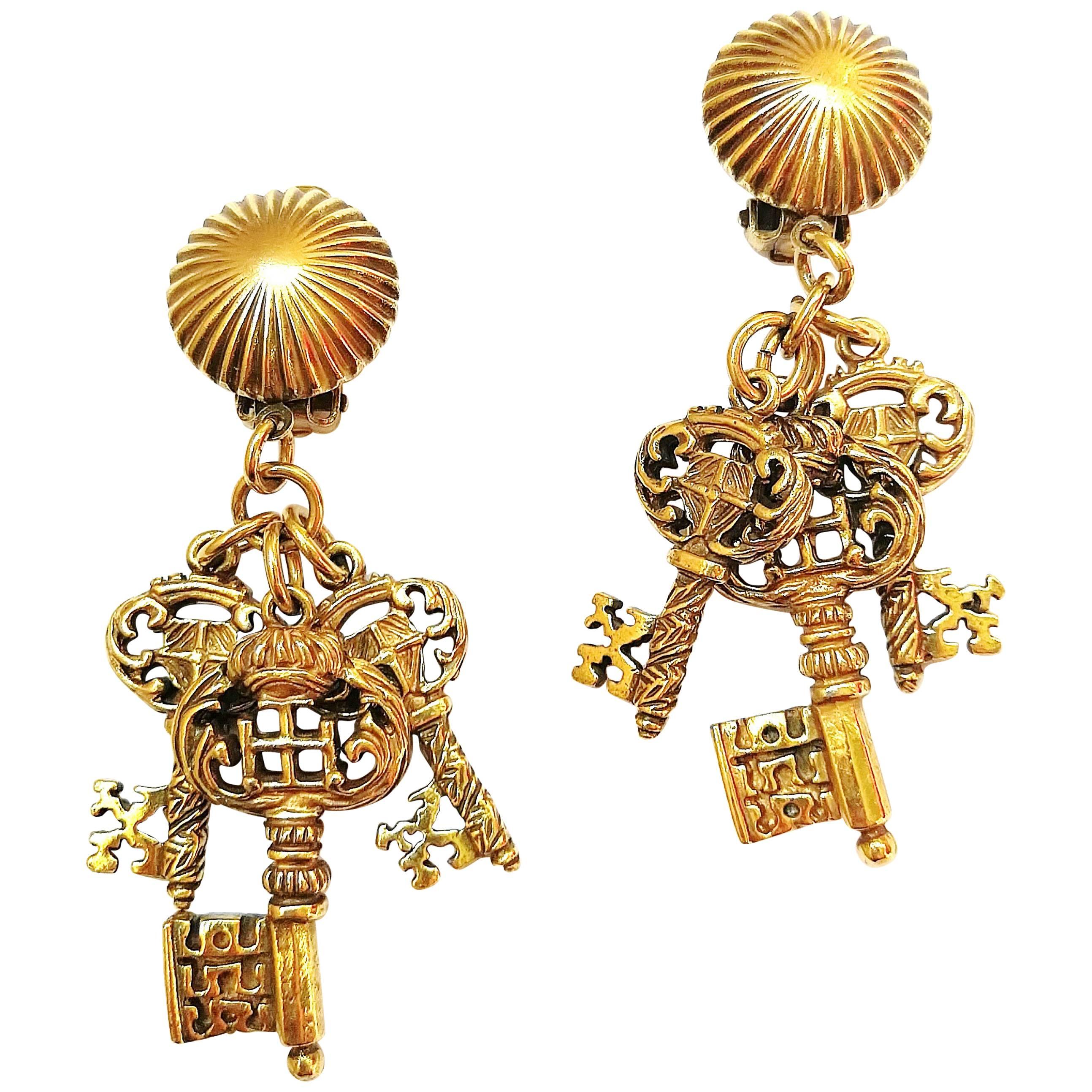 Antiqued gilt metal 'key' drop earrings, Selini, 1960s