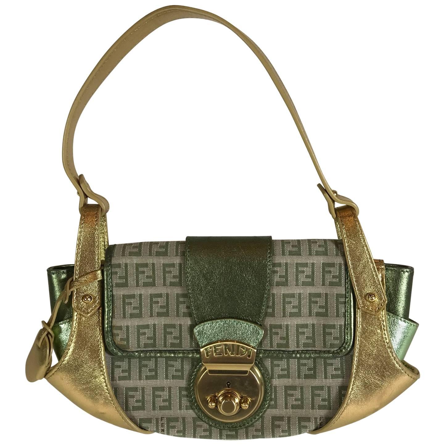 Fendi Gold and Green Metallic Handbag For Sale
