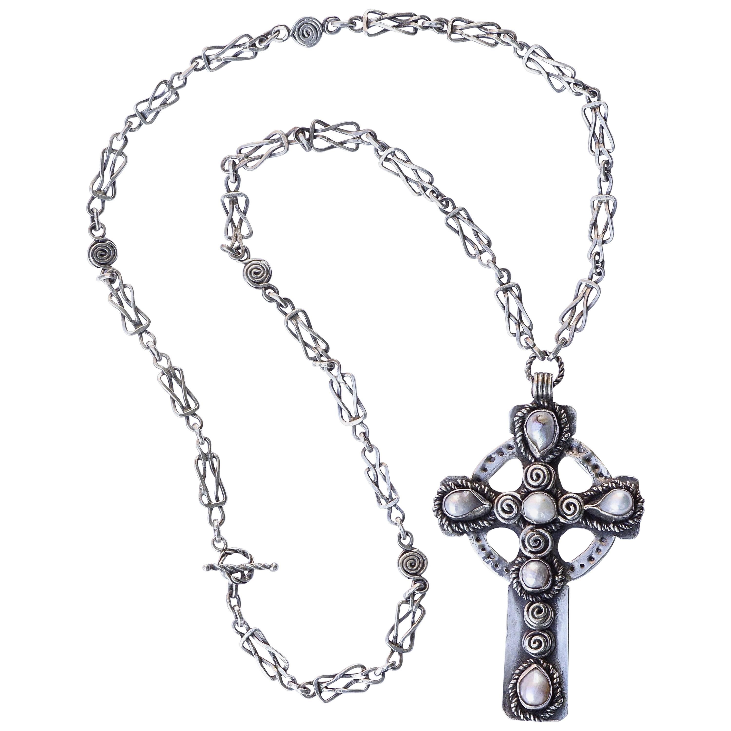 Vintage Silver and Baroque Pearl Celtic Cross and Chain