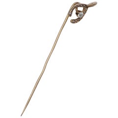 Antique Victorian 14K Gold Diamond and Seed Pearl Wishbone Stick Pin