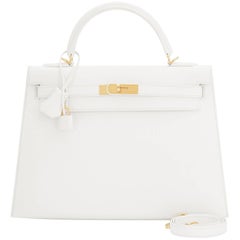 Hermes White Epsom Sellier Gold Hardware Kelly 32cm Shoulder Bag