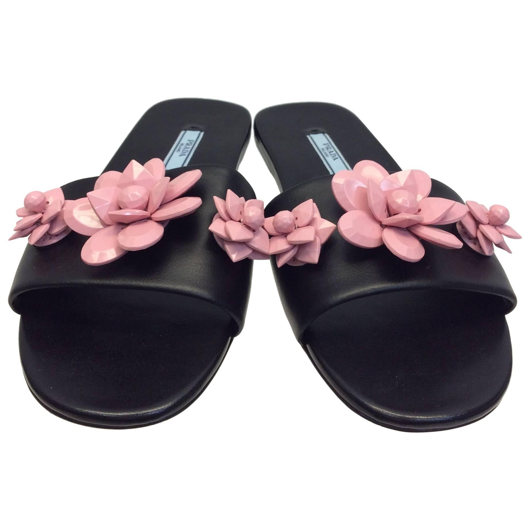 Prada Pink and Black Leather Flower Sandal  For Sale