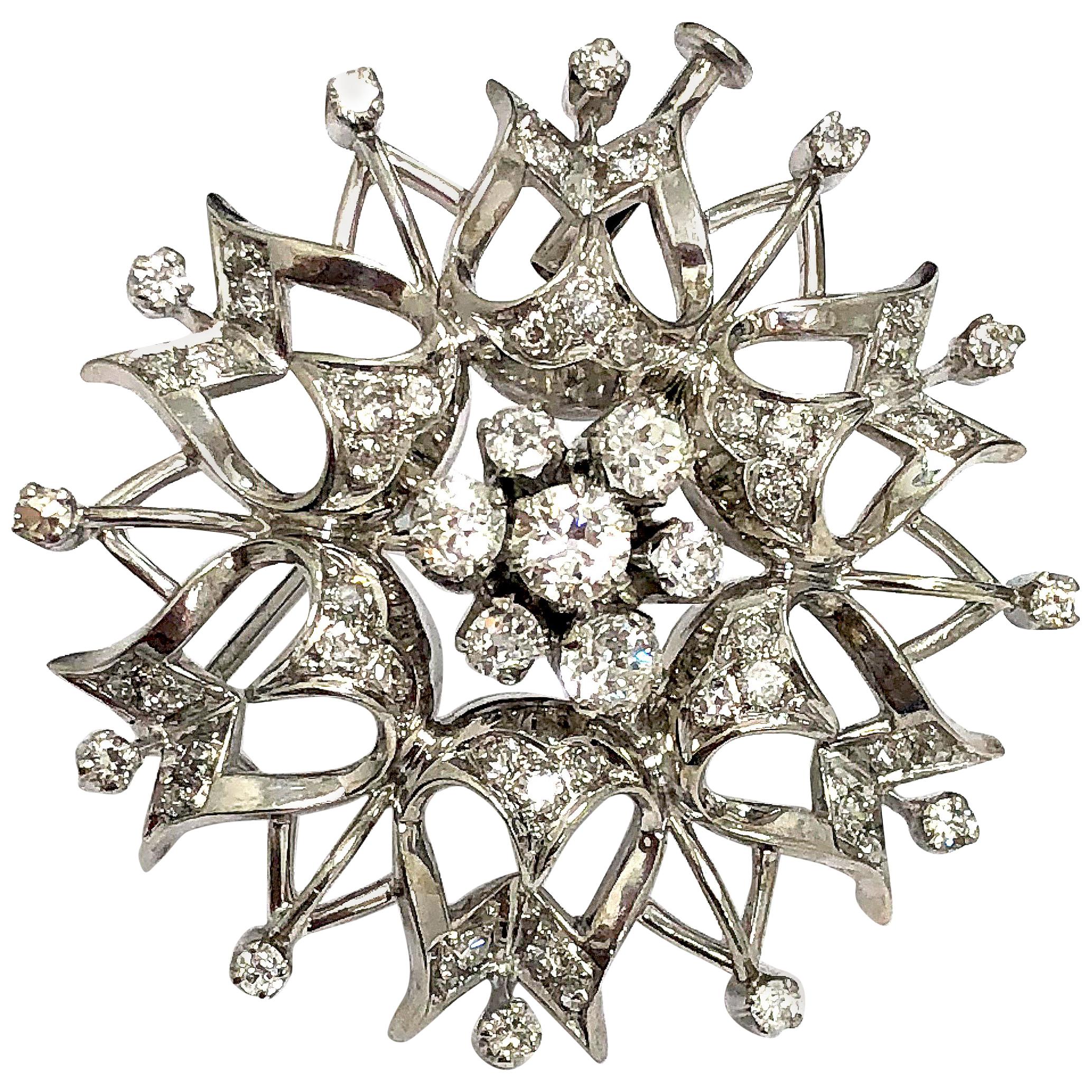 14K White Gold Flower Diamond Brooch / Pin  For Sale