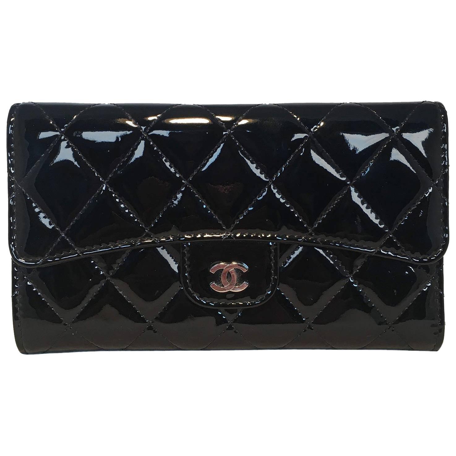 Chanel Black Patent Quilted Tri Fold Wallet