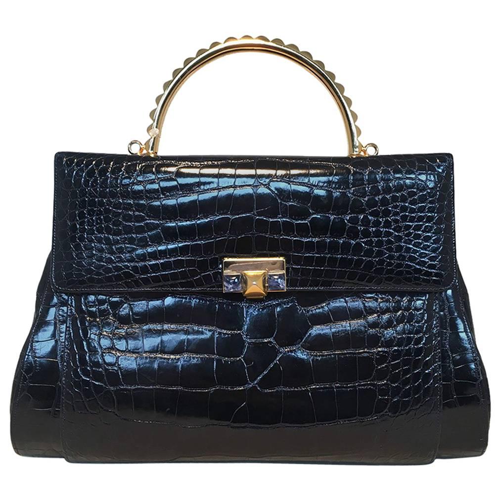 Judith Leiber Vintage Navy Blue Alligator Handbag with Lapis Detail