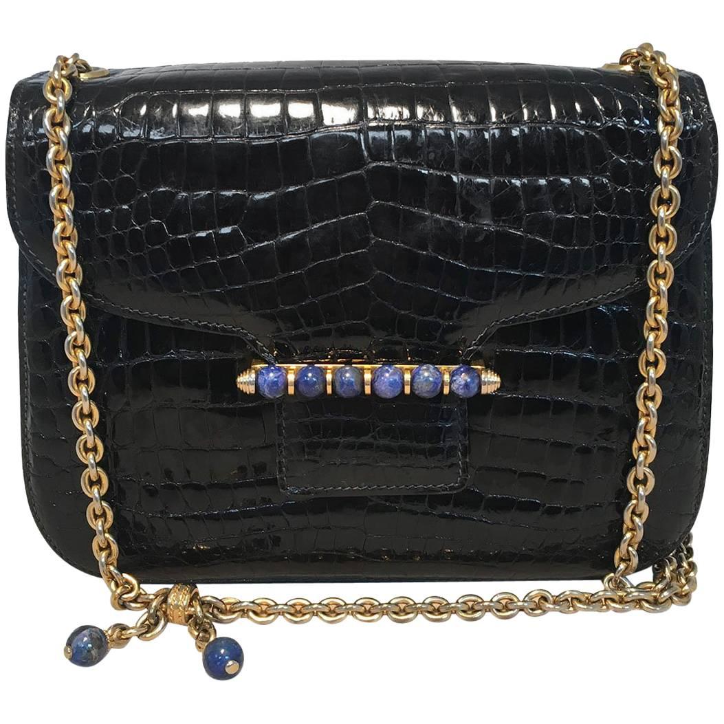 Gucci Vintage Navy Blue Alligator Shoulder Bag