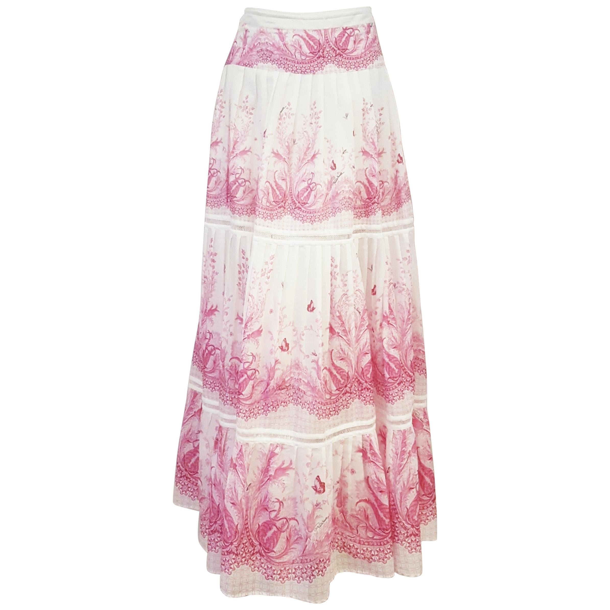 Roberto Cavalli Pink & White Pleated Cotton Voile Long Skirt
