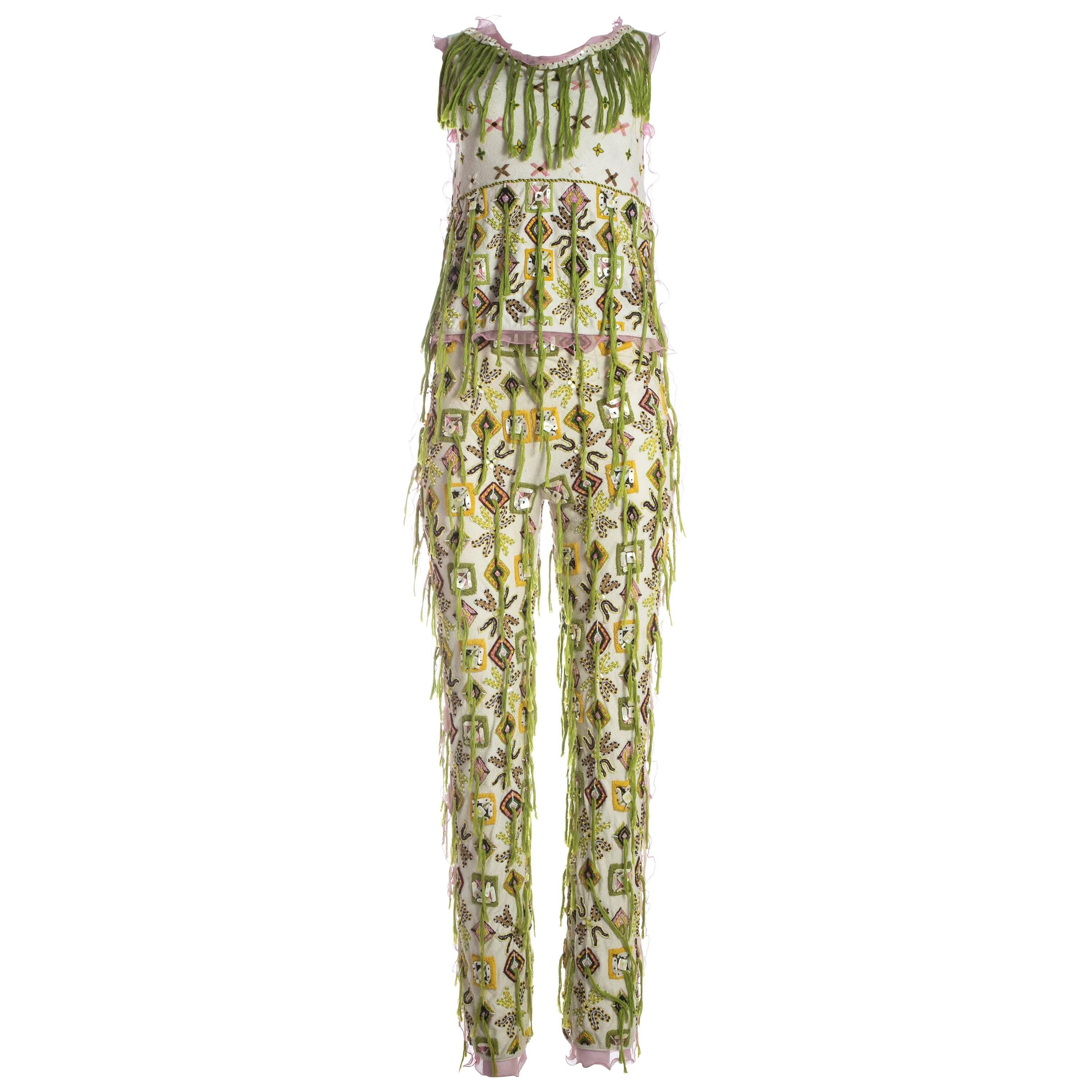 Fendi embroidered cotton pant suit fringed with silk thread, S / S 2000